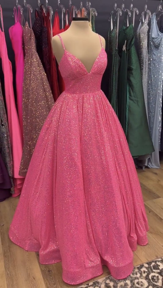 Classy Ball Gown Spaghetti Straps Pink Sequin Prom Dresses Long Party Dress 18th Birthday Outfit Graduation Dress RB1030