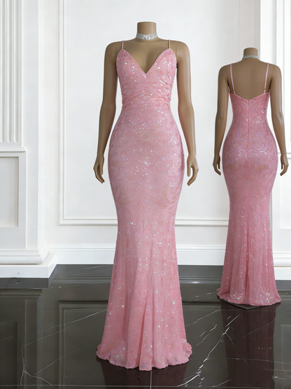 Vintage Mermaid Spaghetti Straps Sequin Pink Prom Dresses Long Party Dress 18th Birthday Outfit Graduation Dress RB1044