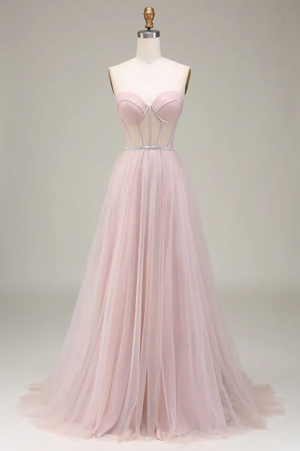 Vintage A Line Sweetheart Light Pink Tulle Prom Dresses Long Party Dress 18th Birthday Outfit Graduation Dress RB1052
