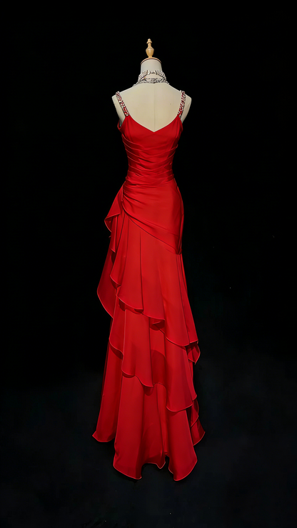 Robe de bal longue rouge en mousseline à fines bretelles sirène, N1417