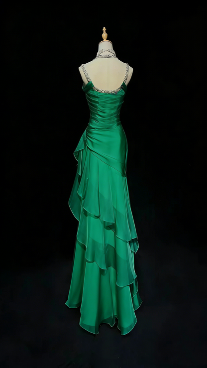Robe de bal longue rouge en mousseline à fines bretelles sirène, N1417