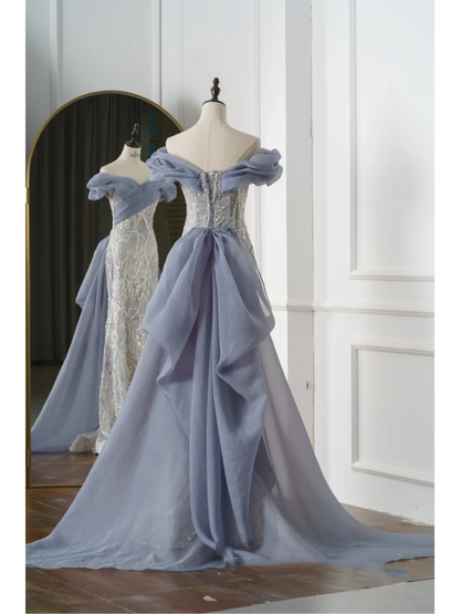 Vintage Mermaid Off The Shoulder Dusty Blue Prom Dresses Long 18th Birthday Outfit Senior High School Dance Party Dress RB1059