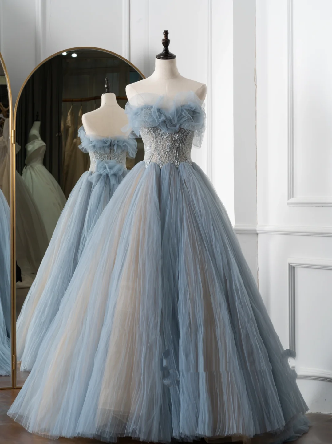 Charming Ball Gown Sweetheart Blue Tulle Prom Dresses Long 18th Birthday Outfit Senior High School Dance Party Dress RB1060