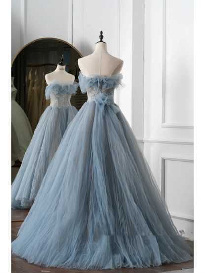 Charming Ball Gown Sweetheart Blue Tulle Prom Dresses Long 18th Birthday Outfit Senior High School Dance Party Dress RB1060