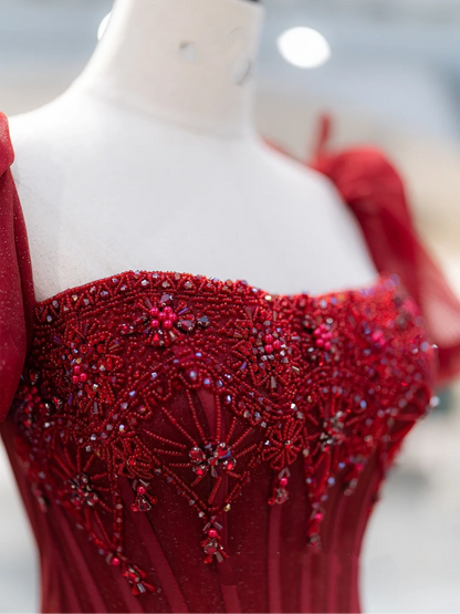 Charming Ball Gown Square Neck Red Tulle Prom Dresses Long 18th Birthday Outfit Senior High School Dance Party Dress RB1063