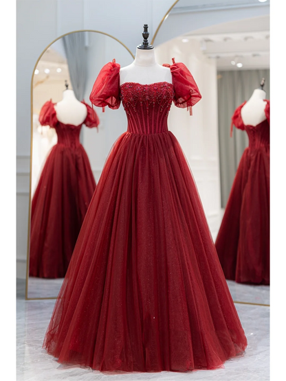 Charming Ball Gown Square Neck Red Tulle Prom Dresses Long 18th Birthday Outfit Senior High School Dance Party Dress RB1063