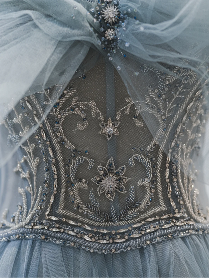 Modest Ball Gown Spaghetti Straps Dusty Blue Tulle Prom Dresses Long Party Dress Birthday Outfit Teenagers Graduation Dress RB1066