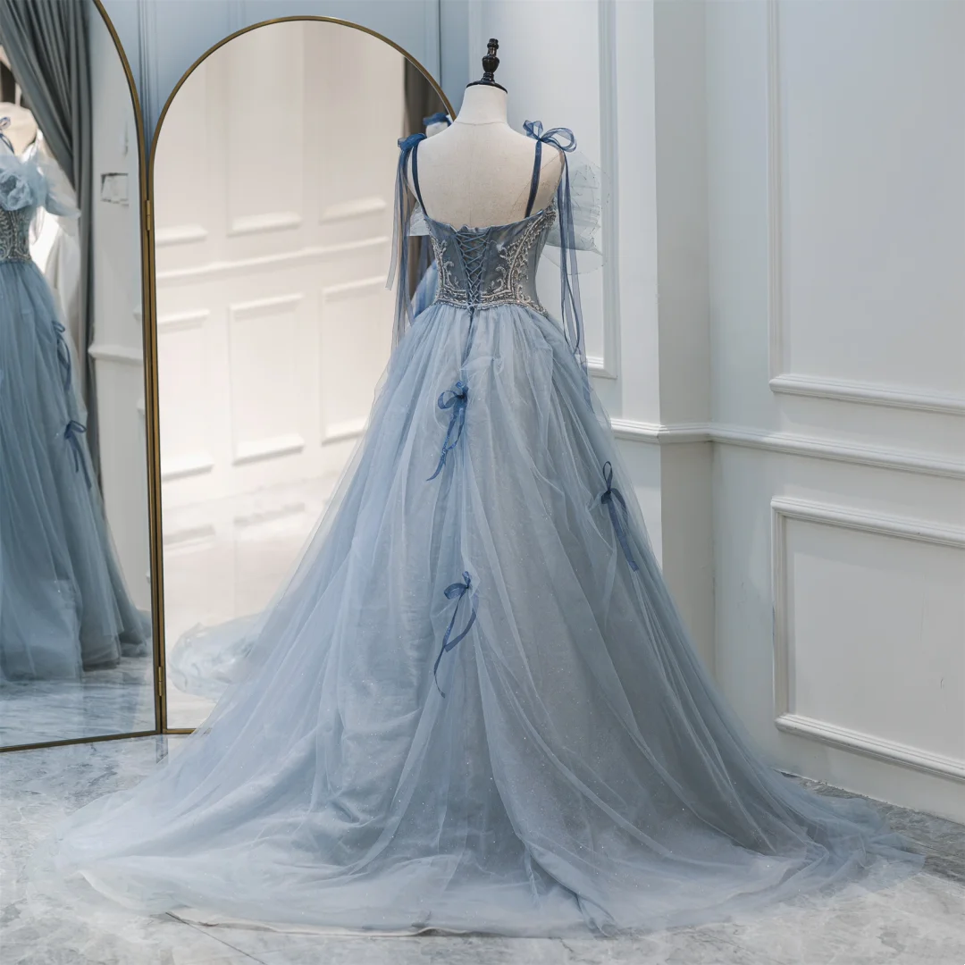 Modest Ball Gown Spaghetti Straps Dusty Blue Tulle Prom Dresses Long Party Dress Birthday Outfit Teenagers Graduation Dress RB1066