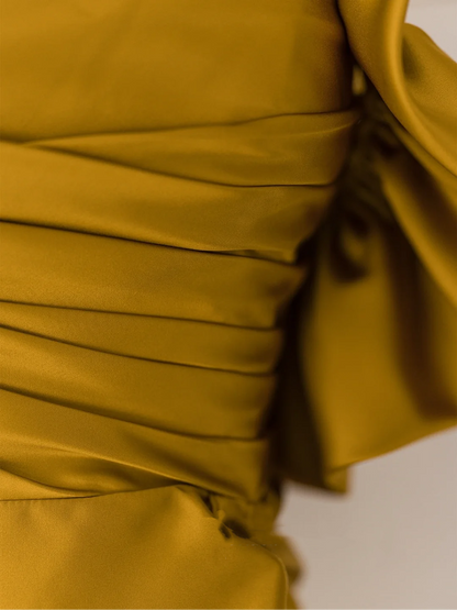 Modest Trendy Mermaid Off The Shoulder Gold Satin Pleated Prom Dresses Style Long Senior High School Party Dress RB1072
