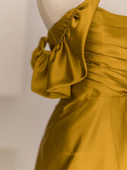 Modest Trendy Mermaid Off The Shoulder Gold Satin Pleated Prom Dresses Style Long Senior High School Party Dress RB1072