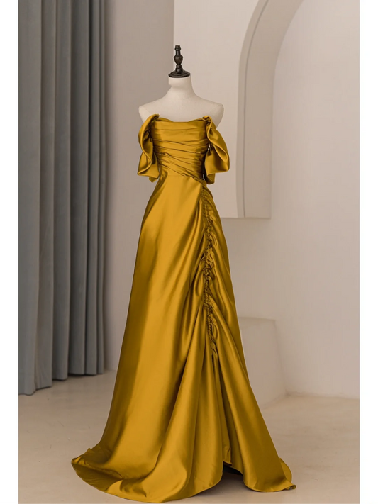Modest Trendy Mermaid Off The Shoulder Gold Satin Pleated Prom Dresses Style Long Senior High School Party Dress RB1072