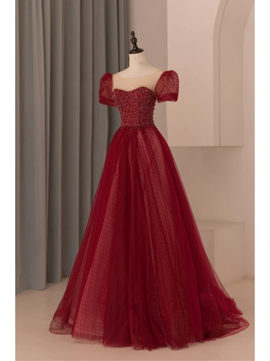 Modest Ball Gown Scoop Burgundy Tulle Prom Dresses Long Party Dress Birthday Outfit Teenagers Graduation Dress RB1074