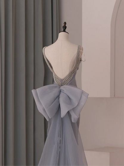 Modest Trendy Mermaid Spaghetti Straps Dusty Gray Organza Pleated Prom Dresses Style Long Senior High School Party Dress RB1075