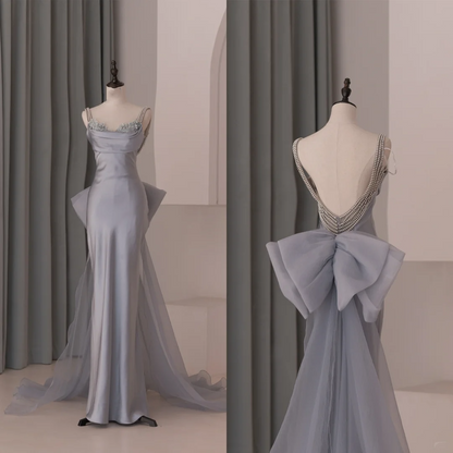 Modest Trendy Mermaid Spaghetti Straps Dusty Gray Organza Pleated Prom Dresses Style Long Senior High School Party Dress RB1075