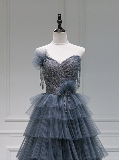 Unique Ball Gown Sweetheart Gray Tulle Long Prom Dresses Reveal Inspiration Party Dress Birthday Outfit Graduation Dress RB1082