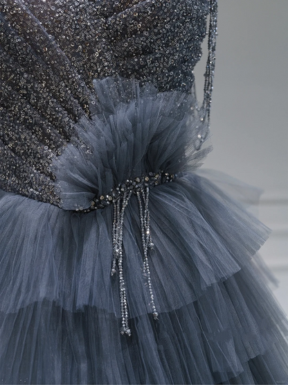 Unique Ball Gown Sweetheart Gray Tulle Long Prom Dresses Reveal Inspiration Party Dress Birthday Outfit Graduation Dress RB1082