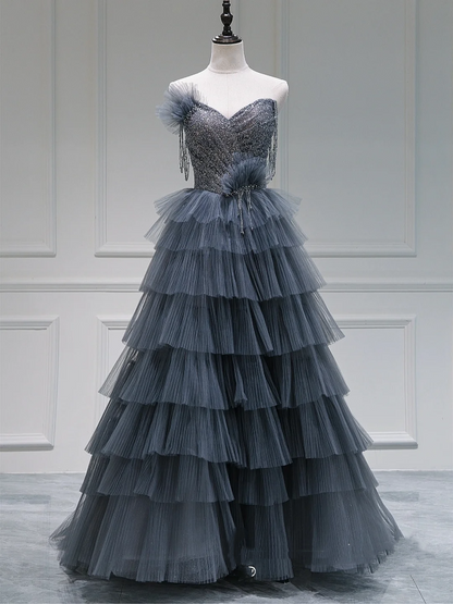 Unique Ball Gown Sweetheart Gray Tulle Long Prom Dresses Reveal Inspiration Party Dress Birthday Outfit Graduation Dress RB1082