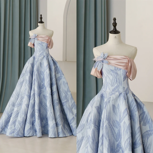 Modest Trendy Ball Gown Strapless Blue Satin Pleated Prom Dresses Style Long Senior High School Party Dress RB1084