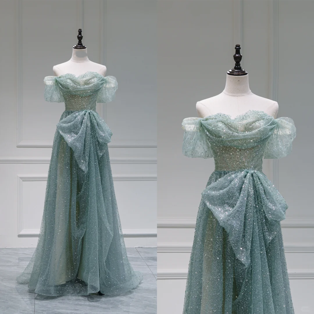 Modest Trendy Ball Gown Off The Shoulder Sequins Pleated Prom Dresses Style Long Senior High School Prom Dress RB1086