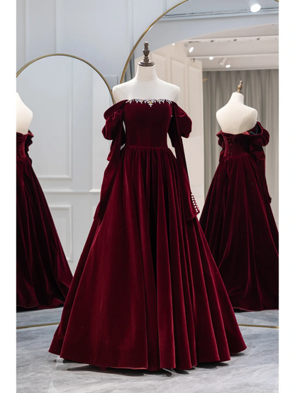 Modest Ball Gown Strapless Velvet Burgundy Prom Dresses Long Party Dress Birthday Outfit Teenagers Graduation Dress RB1088