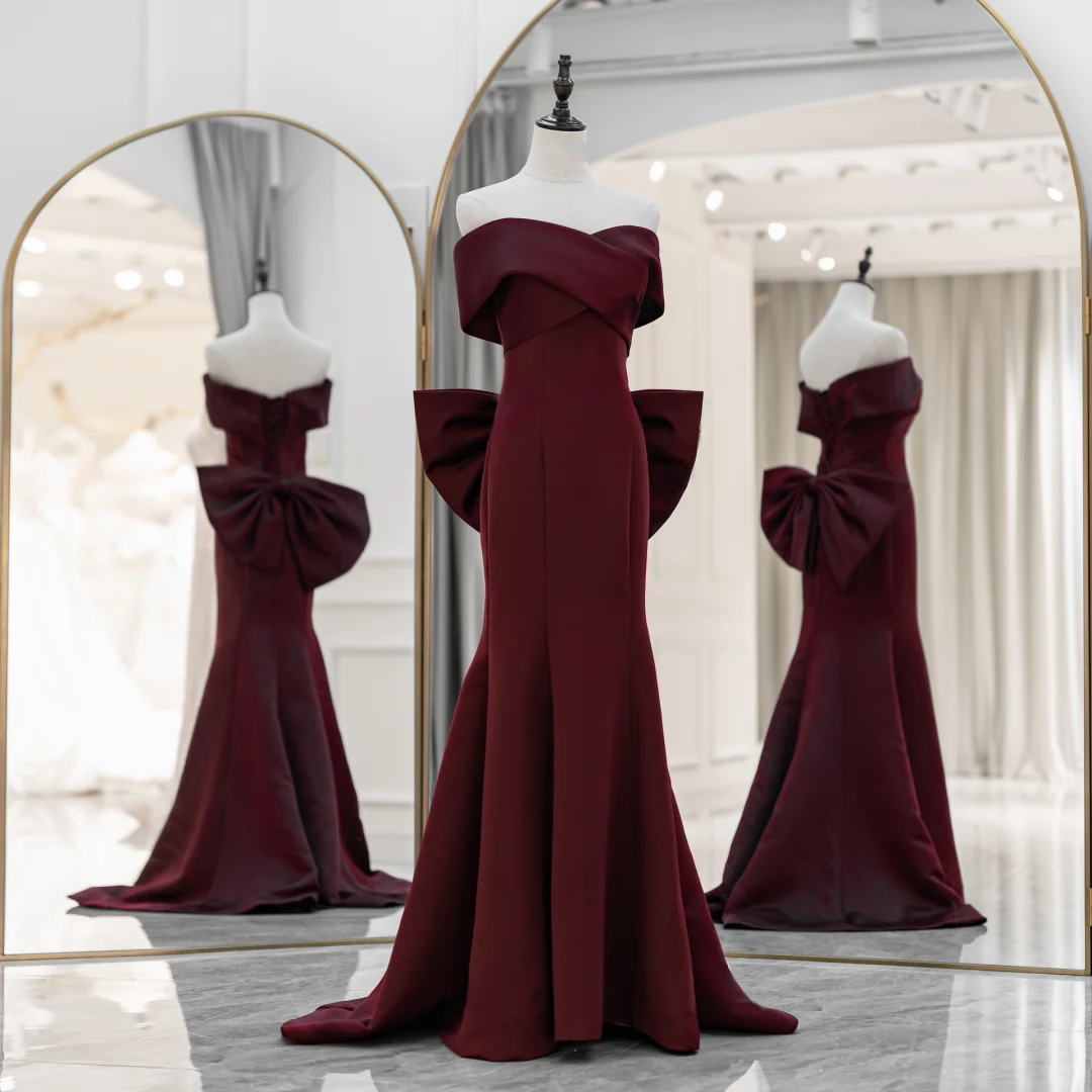 Modest Mermaid Trumpet Off The Shoulder Burgundy Satin Prom Dresses Long Party Dress Birthday Outfit Teenagers Graduation Dress RB1092