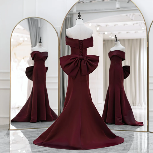 Modest Mermaid Trumpet Off The Shoulder Burgundy Satin Prom Dresses Long Party Dress Birthday Outfit Teenagers Graduation Dress RB1092
