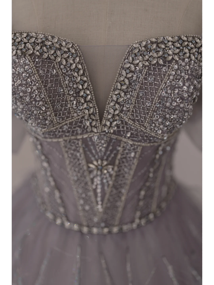 Unique Ball Gown Off The Shoulder Light Gray Long Prom Dresses Reveal Inspiration Party Dress 16th Birthday Outfits Graduation Dress RB1096