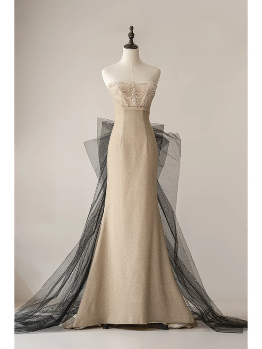 Modest Mermaid Strapless Sequin Champagne Prom Dresses Long Party Dress 18th Birthday Outfit Teenagers Graduation Dress RB1112
