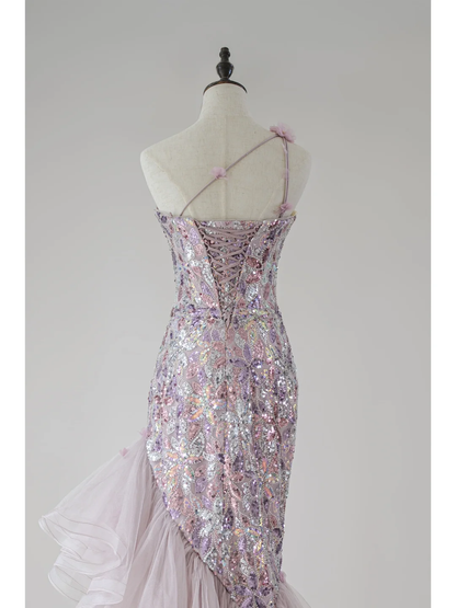 Modest Mermaid One Shoulder Sequin Lilac Prom Dresses Long Party Dress 18th Birthday Outfit Teenagers Graduation Dress RB1119