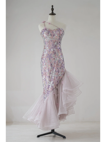 Modest Mermaid One Shoulder Sequin Lilac Prom Dresses Long Party Dress 18th Birthday Outfit Teenagers Graduation Dress RB1119
