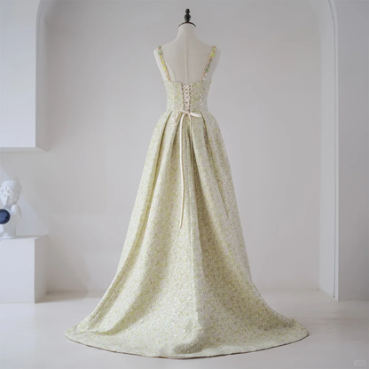 Cute Ball Gown Square Neck Yellow Sequin Flowers Prom Dresses Long Party Dress Birthday Outfit Teenagers Graduation Dress RB1121
