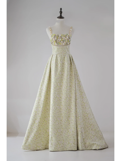 Cute Ball Gown Square Neck Yellow Sequin Flowers Prom Dresses Long Party Dress Birthday Outfit Teenagers Graduation Dress RB1121