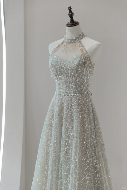 Cute A Line Gray High Neck Sequin Prom Dresses Long Party Dress Birthday Outfit Teenagers Graduation Dress RB1124