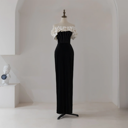 Unique Sheath Off The Shoulder Black Velvet Long Prom Dresses Inspiration Party Dress 18th Birthday Outfit Graduation Dress RB1126