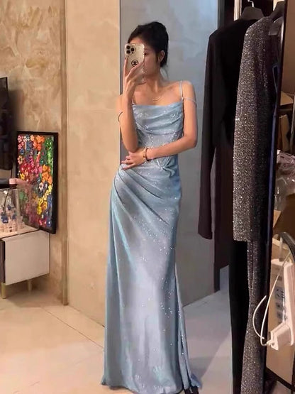 Modest Trendy Mermaid Spaghetti Straps Light Blue Sequin Prom Dresses Long Birthday Outfit Senior High School Dance Party Dress RB1138