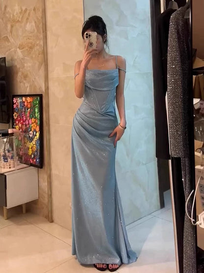 Modest Trendy Mermaid Spaghetti Straps Light Blue Sequin Prom Dresses Long Birthday Outfit Senior High School Dance Party Dress RB1138