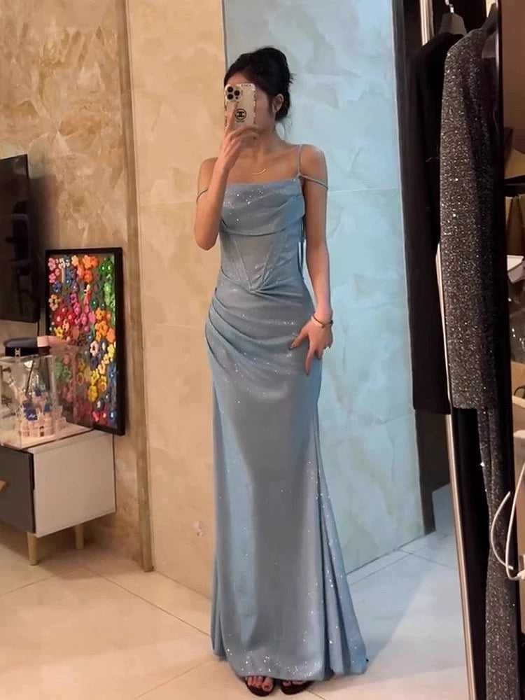 Modest Trendy Mermaid Spaghetti Straps Light Blue Sequin Prom Dresses Long Birthday Outfit Senior High School Dance Party Dress RB1138