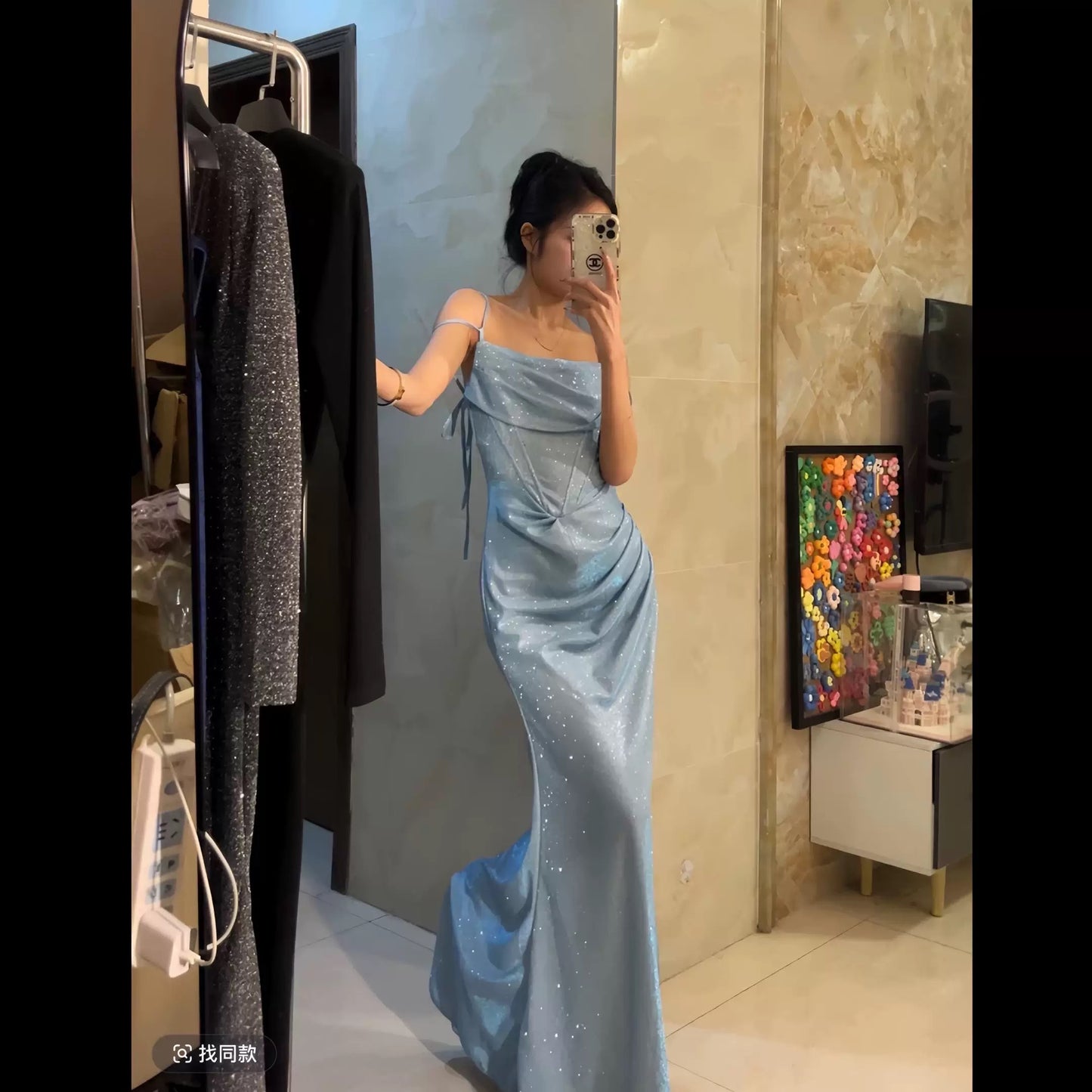 Modest Trendy Mermaid Spaghetti Straps Light Blue Sequin Prom Dresses Long Birthday Outfit Senior High School Dance Party Dress RB1138