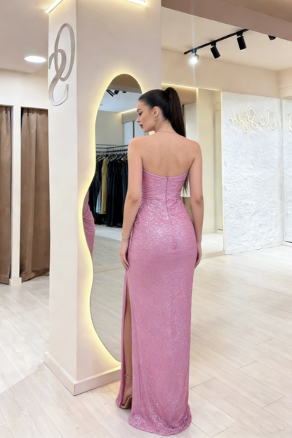Long Classy Prom Gown Mermaid Strapless Pink Sequins Long Prom Dress Inspiration Party Senior Dance Slit Prom Dresses RB1144