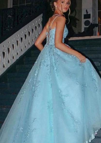 Modest Ball Gown Spaghetti Straps Blue Tulle Lace Prom Dresses Long Party Dress Birthday Outfit Teenagers Graduation Dress RB1146