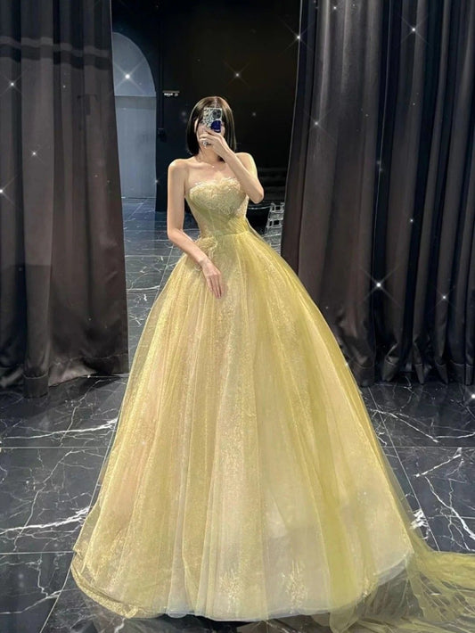 Long Classy Prom Gown Ball Gown Strapless Yellow Tulle Long Prom Dress Inspiration Party Senior Dance Prom Dresses RB1148