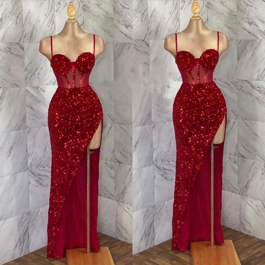 Modest Sheath Spaghetti Straps Sequin Red Slit Prom Dresses Long Party Dress Birthday Outfit Teenagers Graduation Dress RB1157