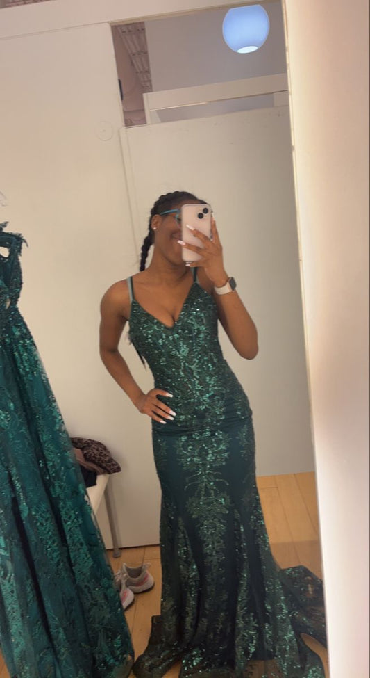Modest Trendy Mermaid Spaghetti Straps Green Sequin Prom Dresses Long Birthday Outfit Senior High School Dance Party Dress RB1161