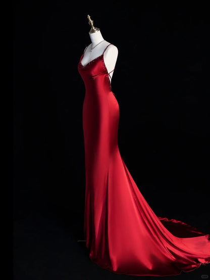 Modest Trendy Mermaid Spaghetti Straps Burgundy Satin Backless Prom Dresses Style Long Senior High School Dance Party Dress RB1163
