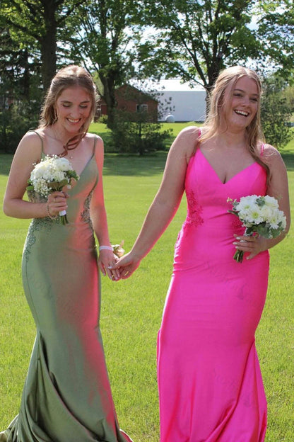 Modest Trendy Mermaid Spaghetti Straps Olive Green Satin Prom Dresses Style Long Senior High School Dance Party Dress RB1164