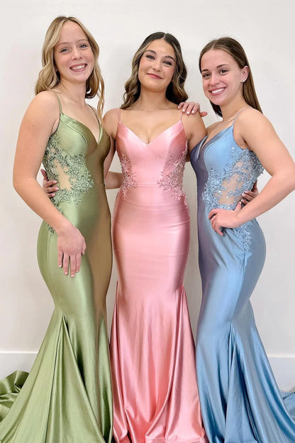 Modest Trendy Mermaid Spaghetti Straps Olive Green Satin Prom Dresses Style Long Senior High School Dance Party Dress RB1164