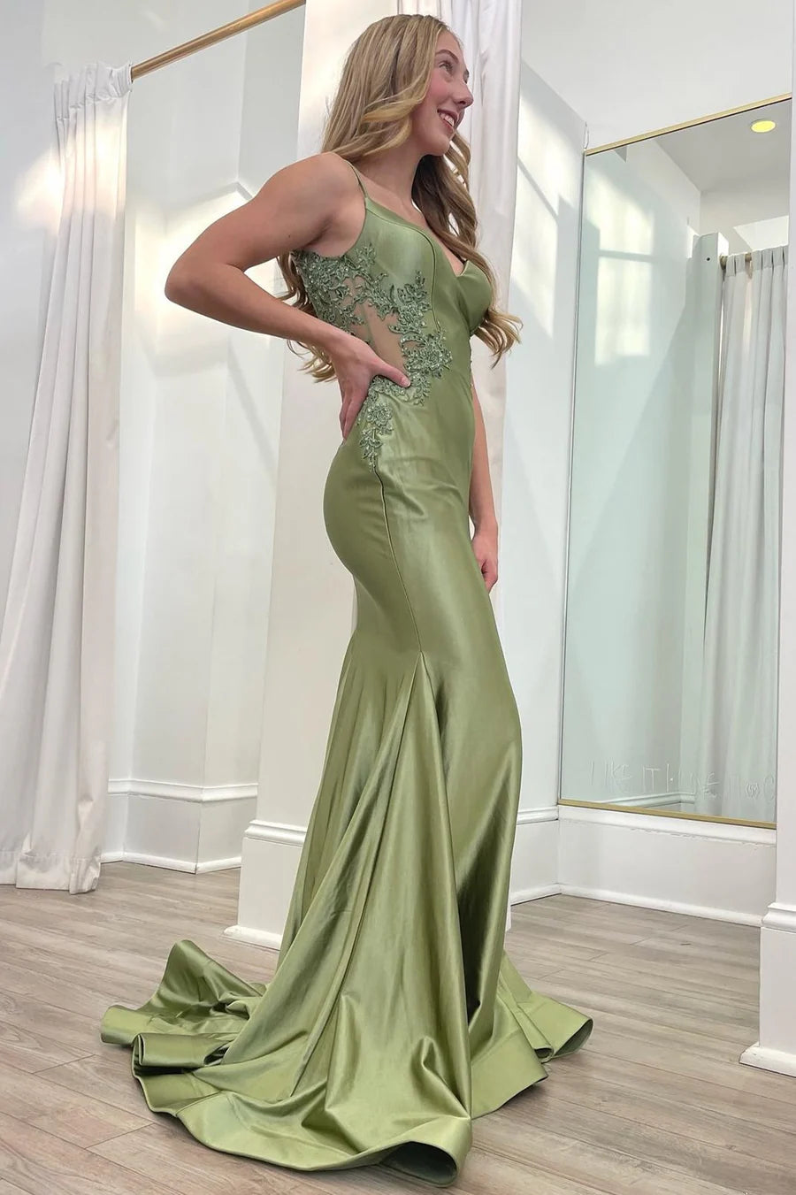 Modest Trendy Mermaid Spaghetti Straps Olive Green Satin Prom Dresses Style Long Senior High School Dance Party Dress RB1164