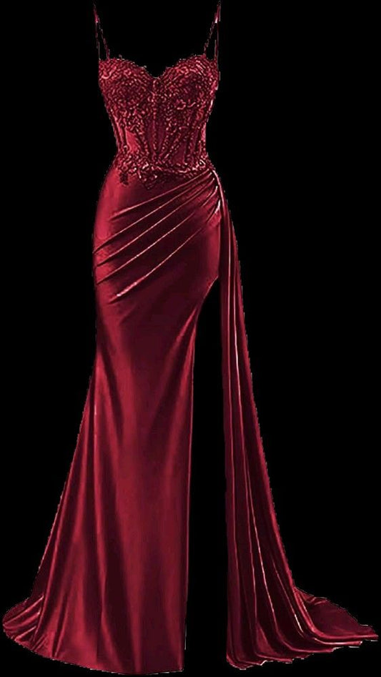 Modest Mermaid Spaghetti Straps Burgundy Slit Lace Prom Dresses Long Party Dress Birthday Outfit Teenagers Graduation Dress RB1168