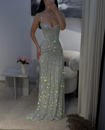 Modest Mermaid Spaghetti Straps Sequins Silver Prom Dresses Inspiration Prom Dress Graduation Dress RB1169