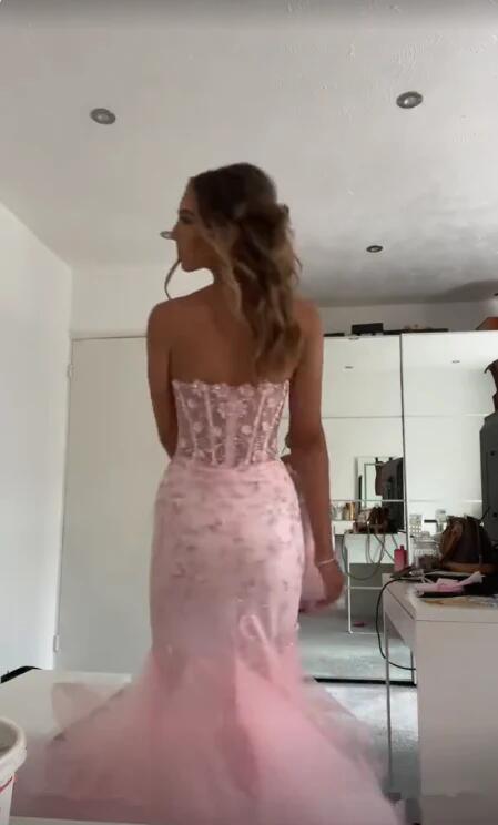 Modest Trendy Mermaid Sweetheart Pink Lace Tulle Prom Dresses Long Birthday Outfit Senior High School Dance Party Dress RB1170